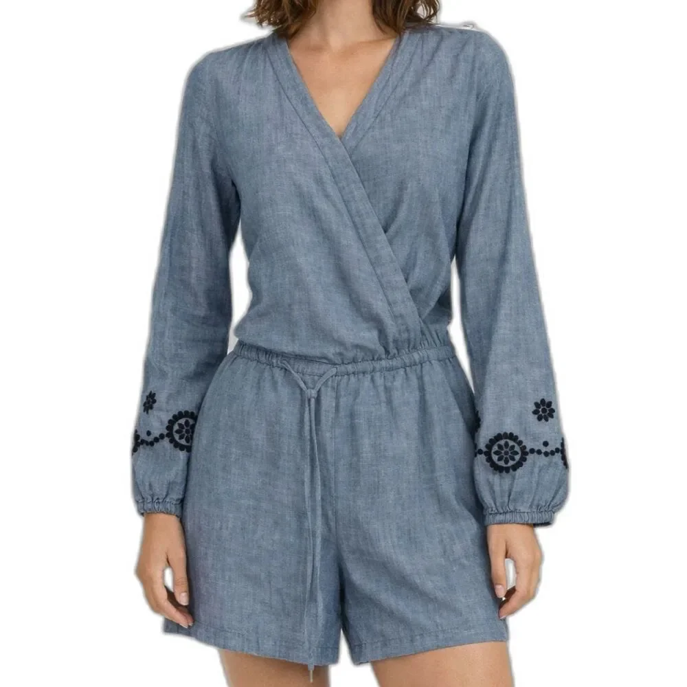 Loft Beach Womens S Blue Cotton Long Sleeve Shorts Romper